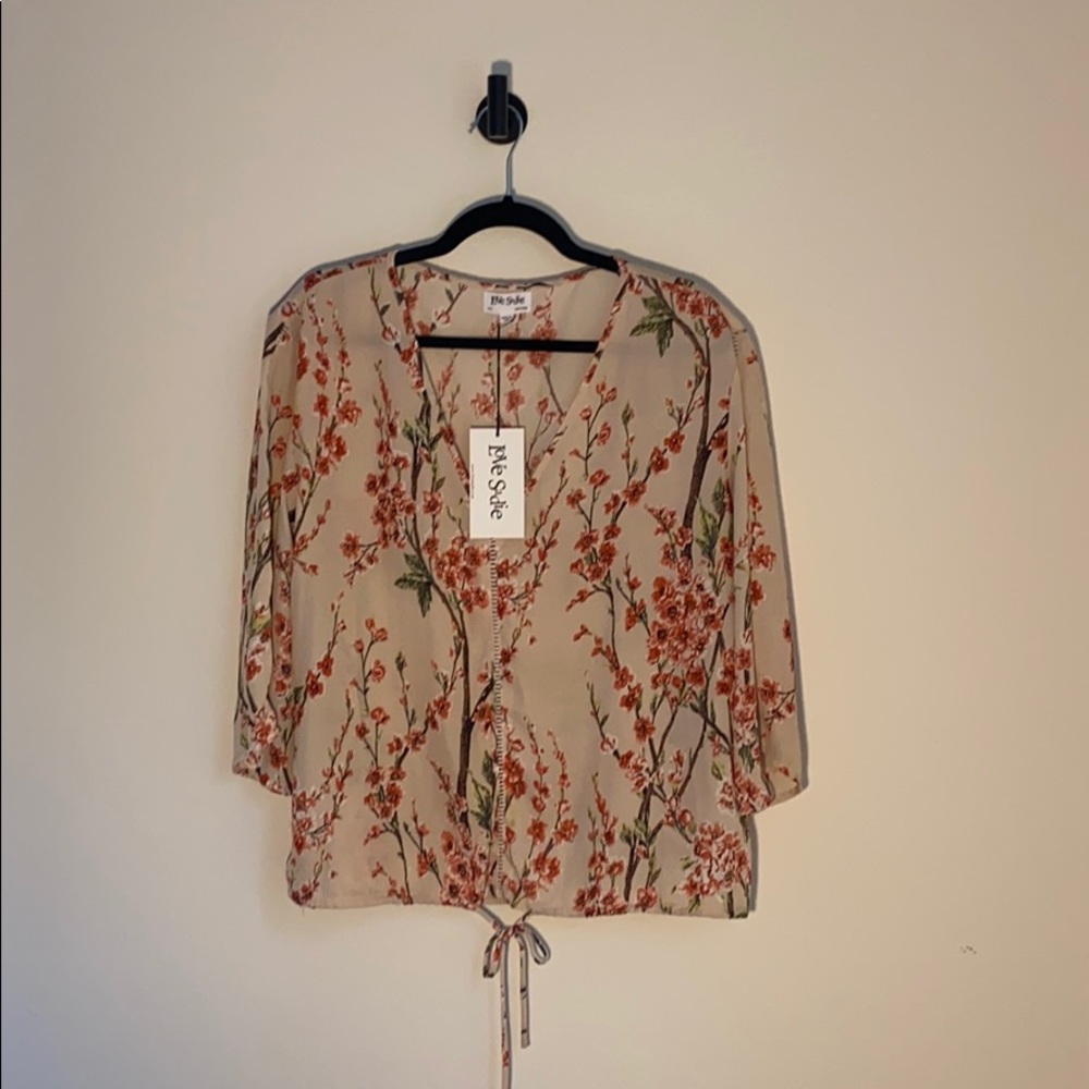 Woven 3/4 Sleeve Floral Print Top Large Beige